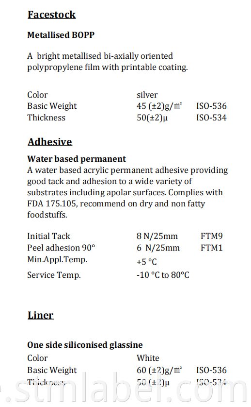 Metallised Bopp Tc Water Based Permanent White Glassine